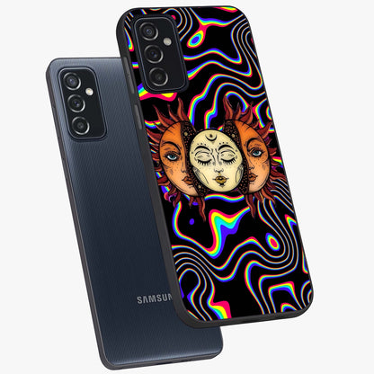 Psychedelic Sun Glass Case displayed in angled mockup highlighting vibrant abstract sun design with artistic aesthetic style.