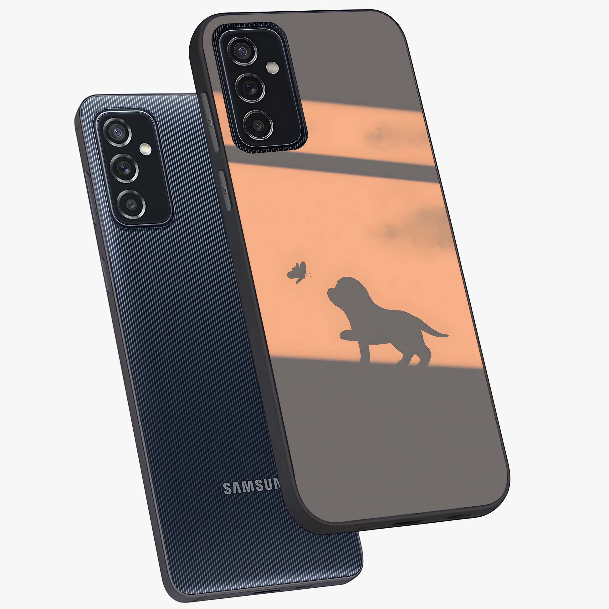 Puppy Shadow Art Glass Case displayed in angled mockup highlighting playful dog illustration with artistic shadow aesthetic.