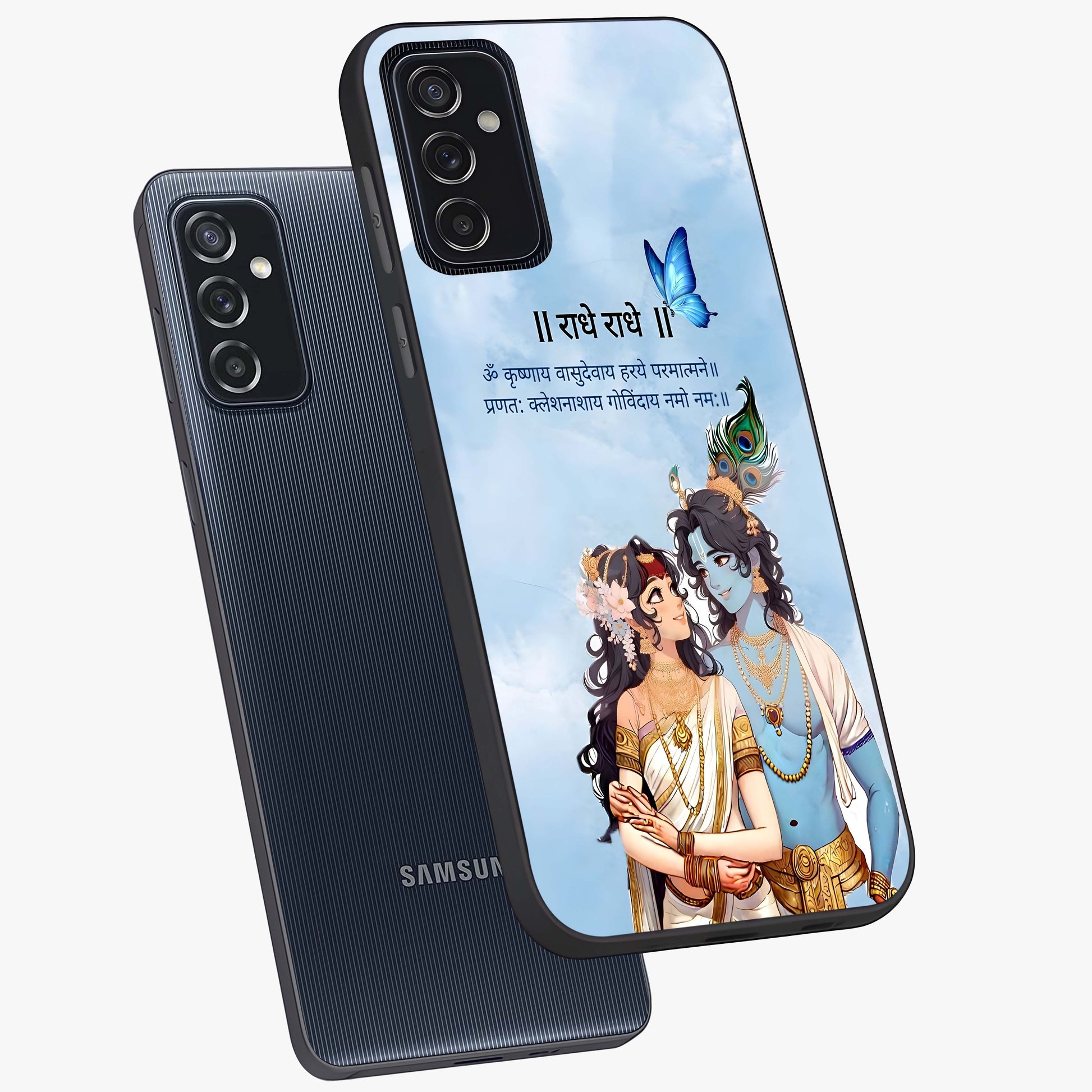 Radha Krishna Eternal Glass Case displayed in angled mockup highlighting divine Radha Krishna illustration with spiritual aesthetic.