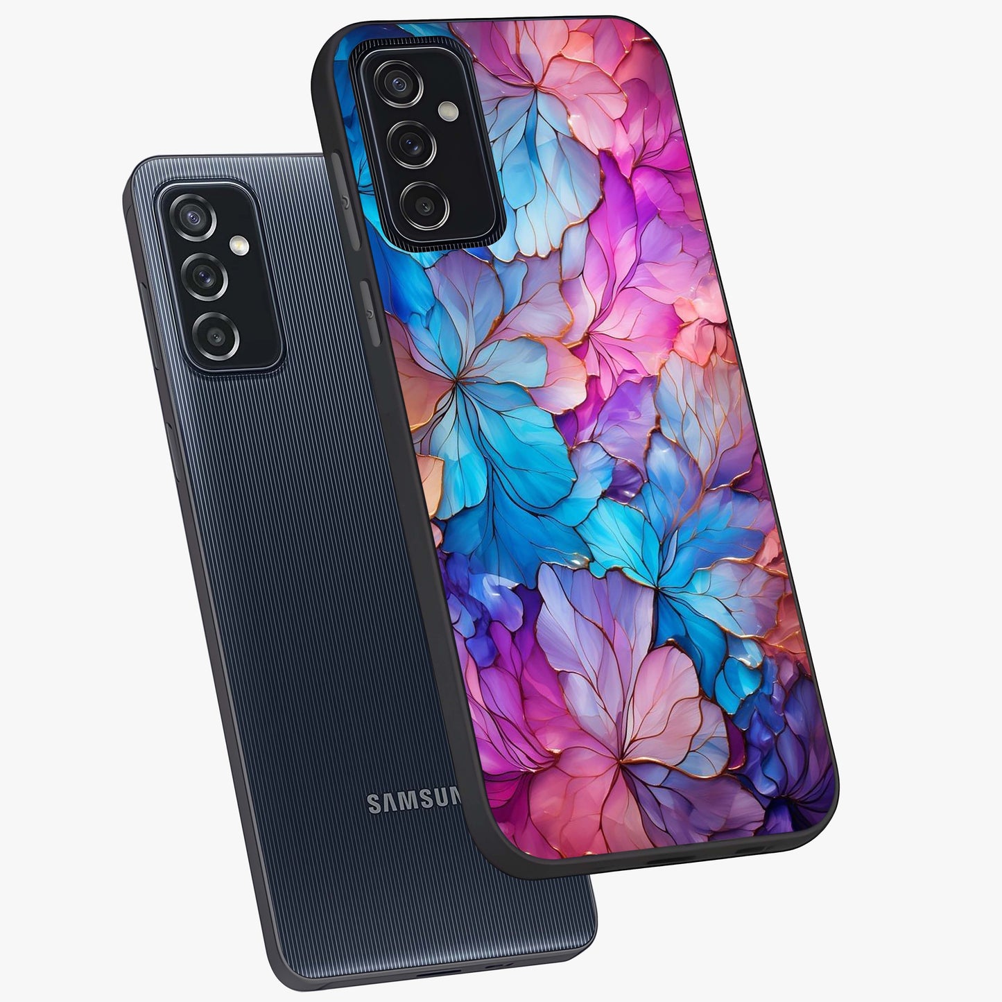 Radiant Floral Whirl Glass Case displayed in angled mockup highlighting vibrant flower pattern with dynamic artistic aesthetic.