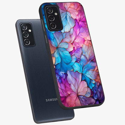 Radiant Floral Whirl Glass Case displayed in angled mockup highlighting vibrant flower pattern with dynamic artistic aesthetic.