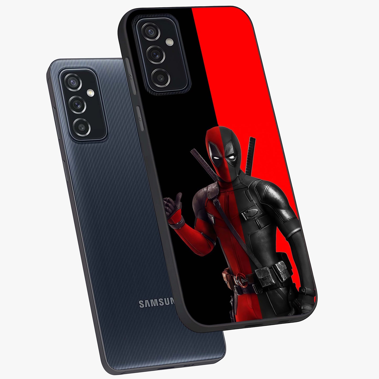 Red & Black Deadpool Theme Glass Case displayed in angled mockup highlighting vibrant superhero style illustration with action aesthetic.