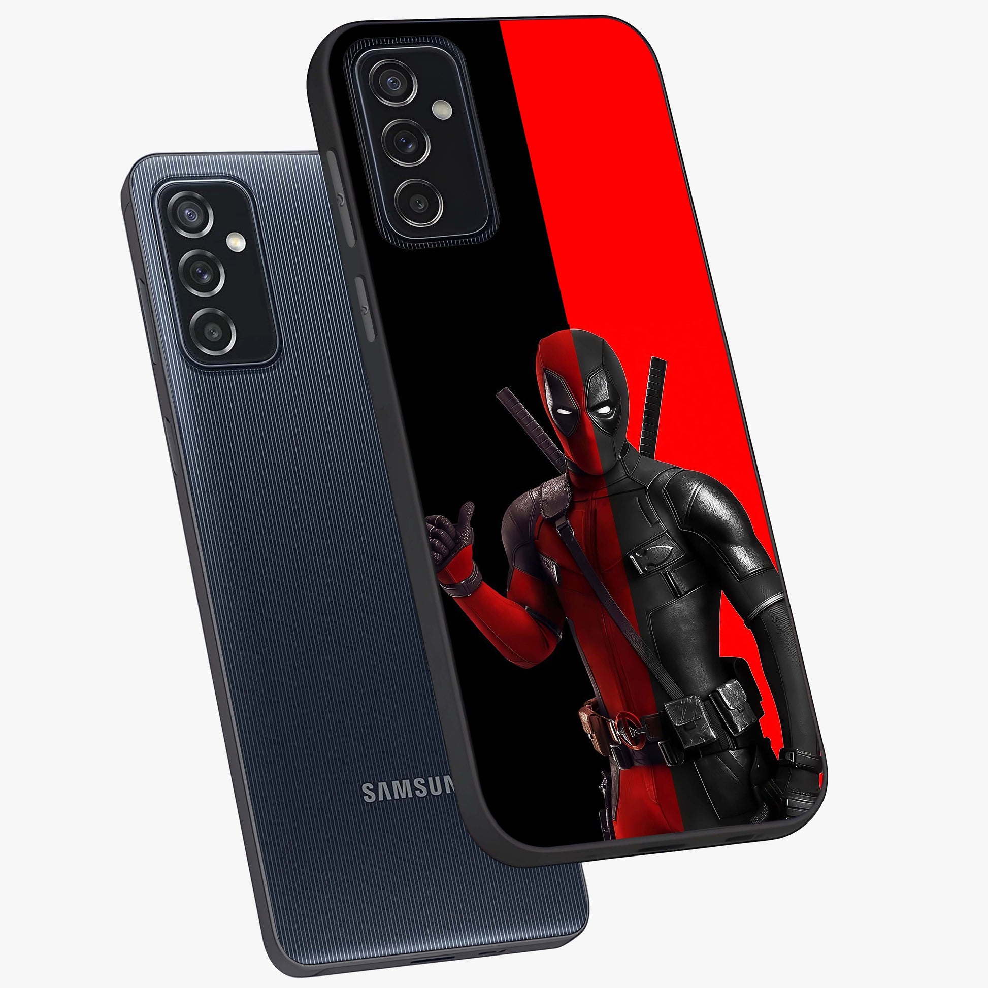 Red & Black Deadpool Theme Glass Case displayed in angled mockup highlighting vibrant superhero style illustration with action aesthetic.