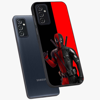 Red & Black Deadpool Theme Glass Case displayed in angled mockup highlighting vibrant superhero style illustration with action aesthetic.