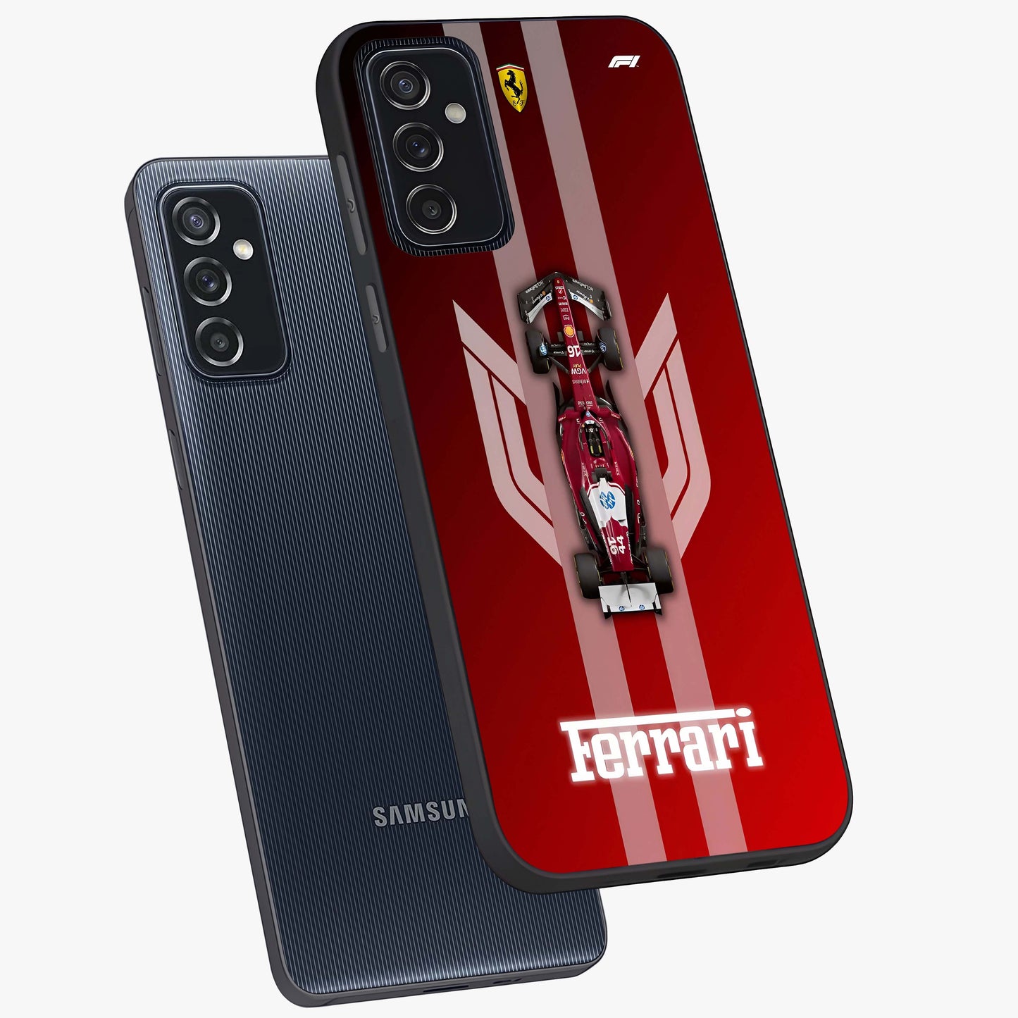 Red Ferrari F1 Vertical Glass Case displayed in angled mockup highlighting high speed racing design with bold automotive aesthetic.