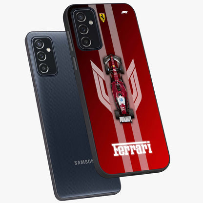 Red Ferrari F1 Vertical Glass Case displayed in angled mockup highlighting high speed racing design with bold automotive aesthetic.