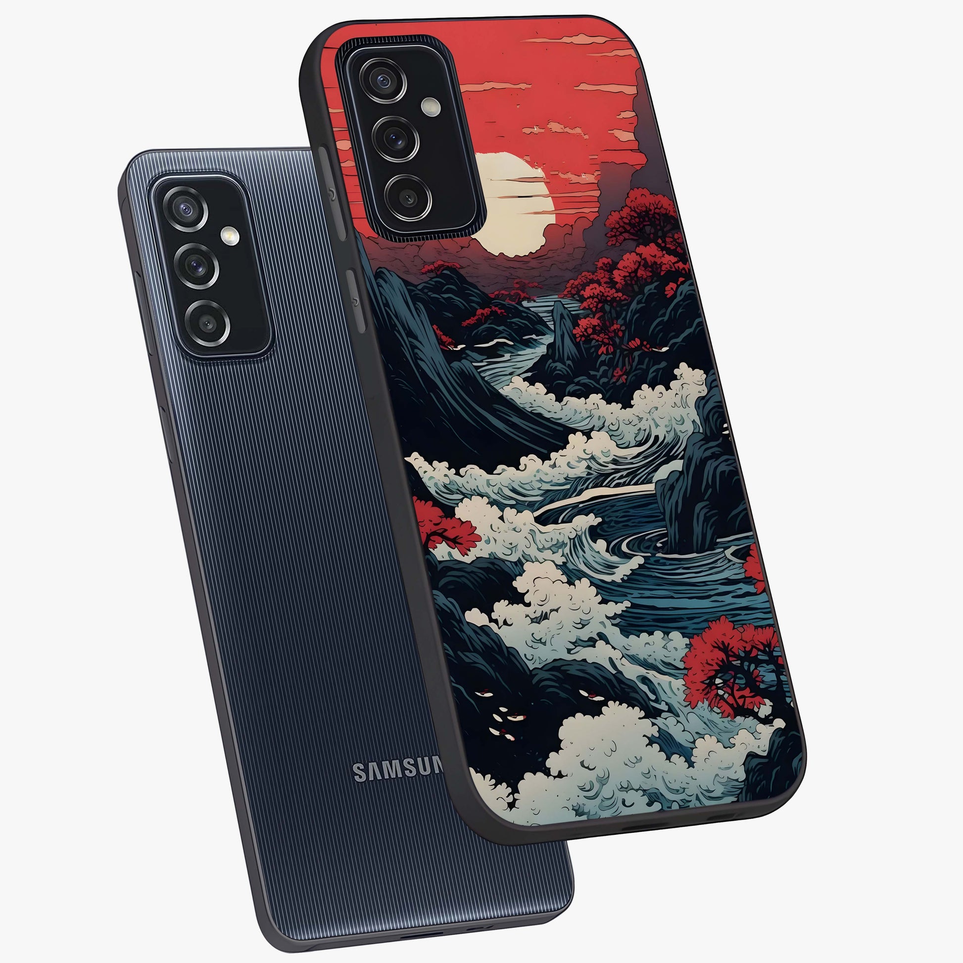 Red Sunset Scenery Glass Case displayed in angled mockup highlighting glowing sunset sky design with scenic aesthetic.