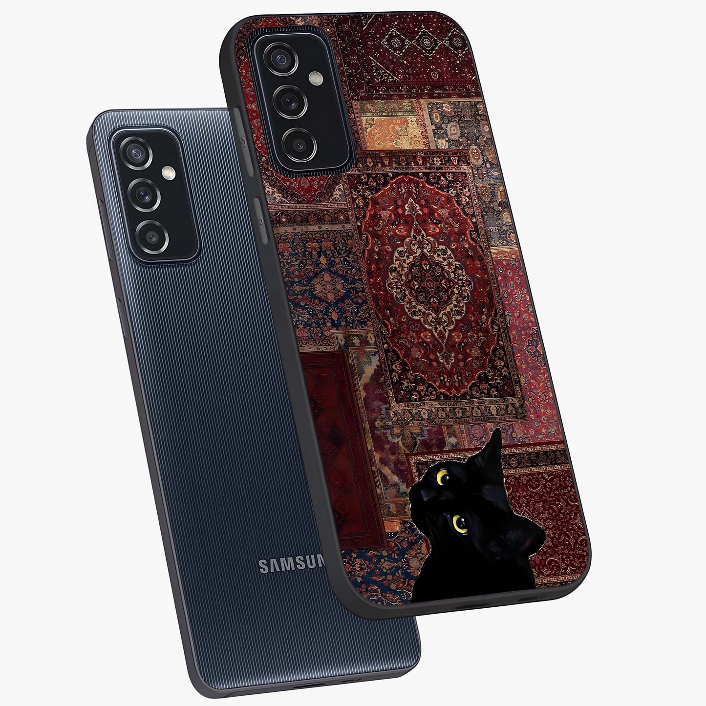 Regal Magic Cat Apple Glass Case displayed in angled mockup highlighting whimsical feline design with fantasy aesthetic.