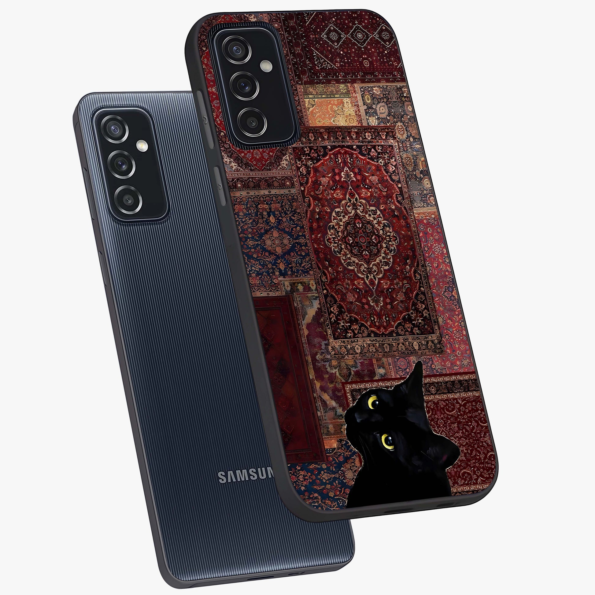 Regal Magic Cat Apple Glass Case displayed in angled mockup highlighting whimsical feline design with fantasy aesthetic.