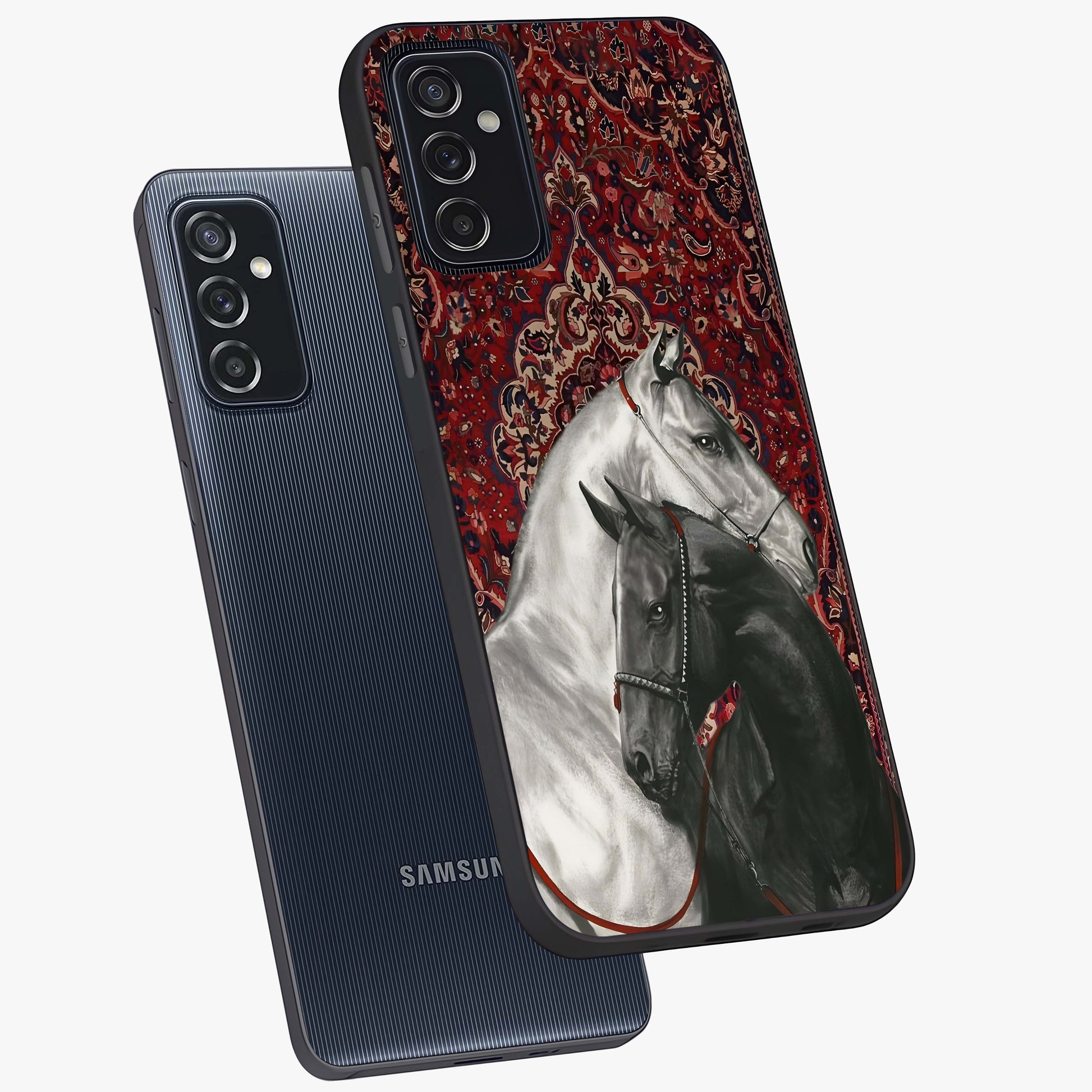 Regal Stallion Tapestry Glass Case displayed in angled mockup highlighting royal stallion design with decorative heritage aesthetic.