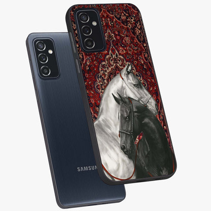 Regal Stallion Tapestry Glass Case displayed in angled mockup highlighting royal stallion design with decorative heritage aesthetic.