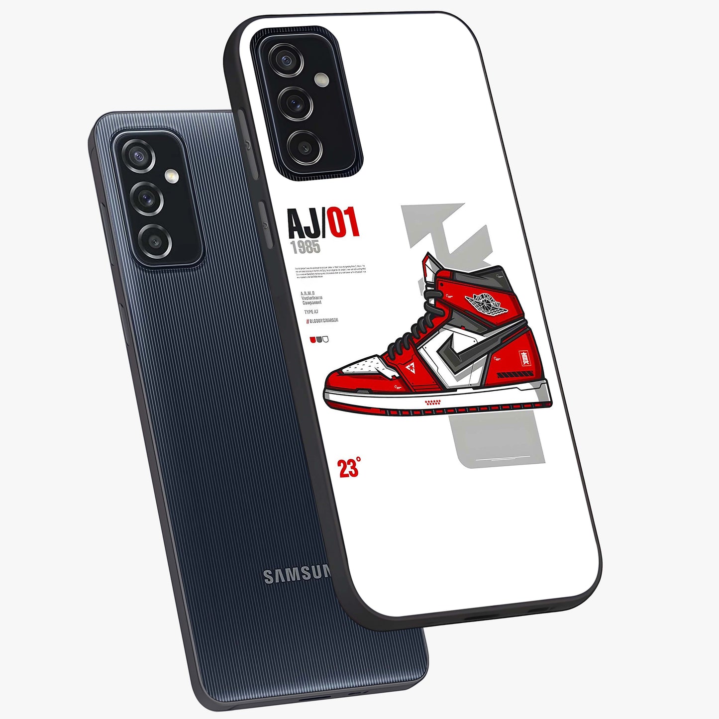 Retro Sneaker Blueprint Glass Case displayed in angled mockup highlighting detailed shoe design with sporty retro aesthetic.