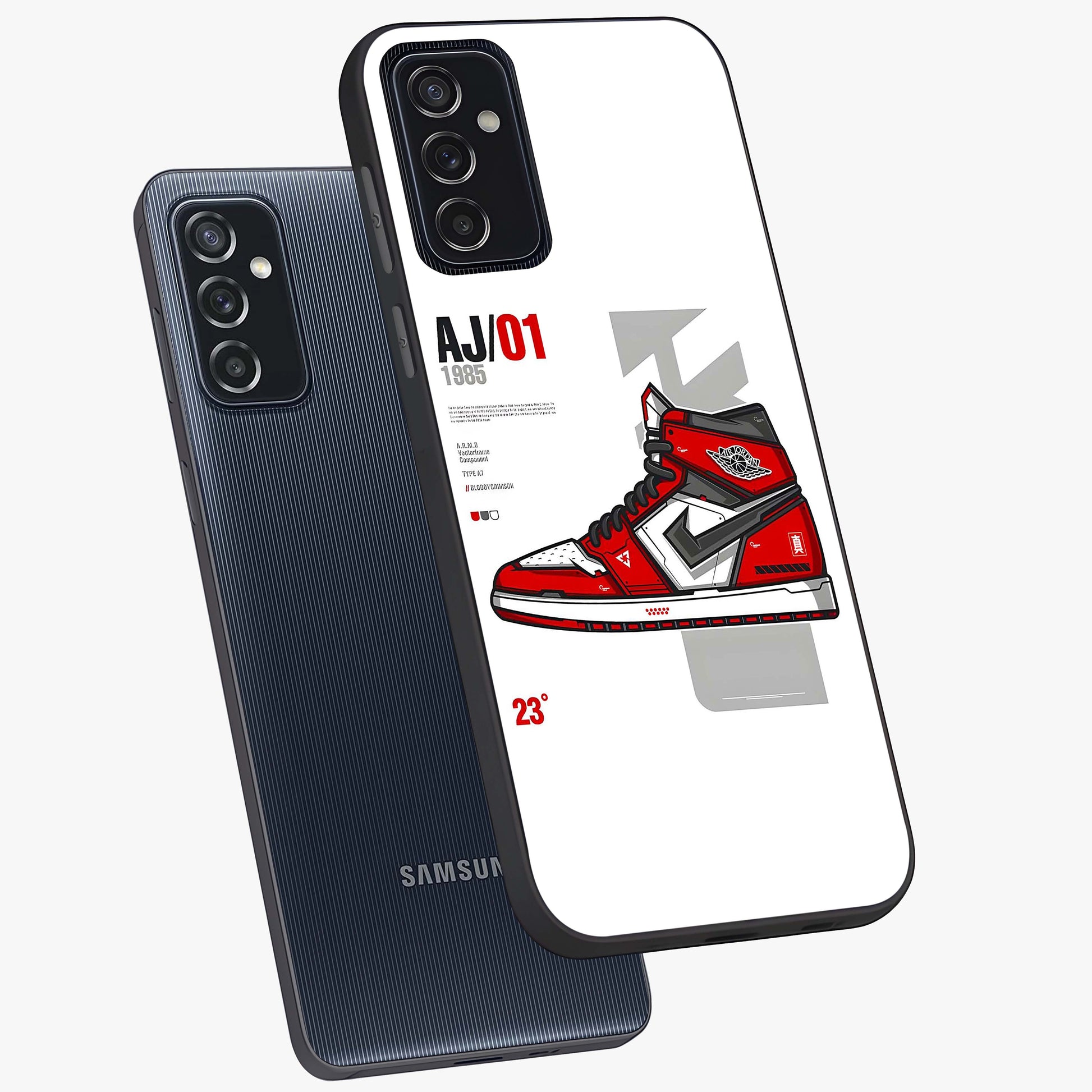 Retro Sneaker Blueprint Glass Case displayed in angled mockup highlighting detailed shoe design with sporty retro aesthetic.