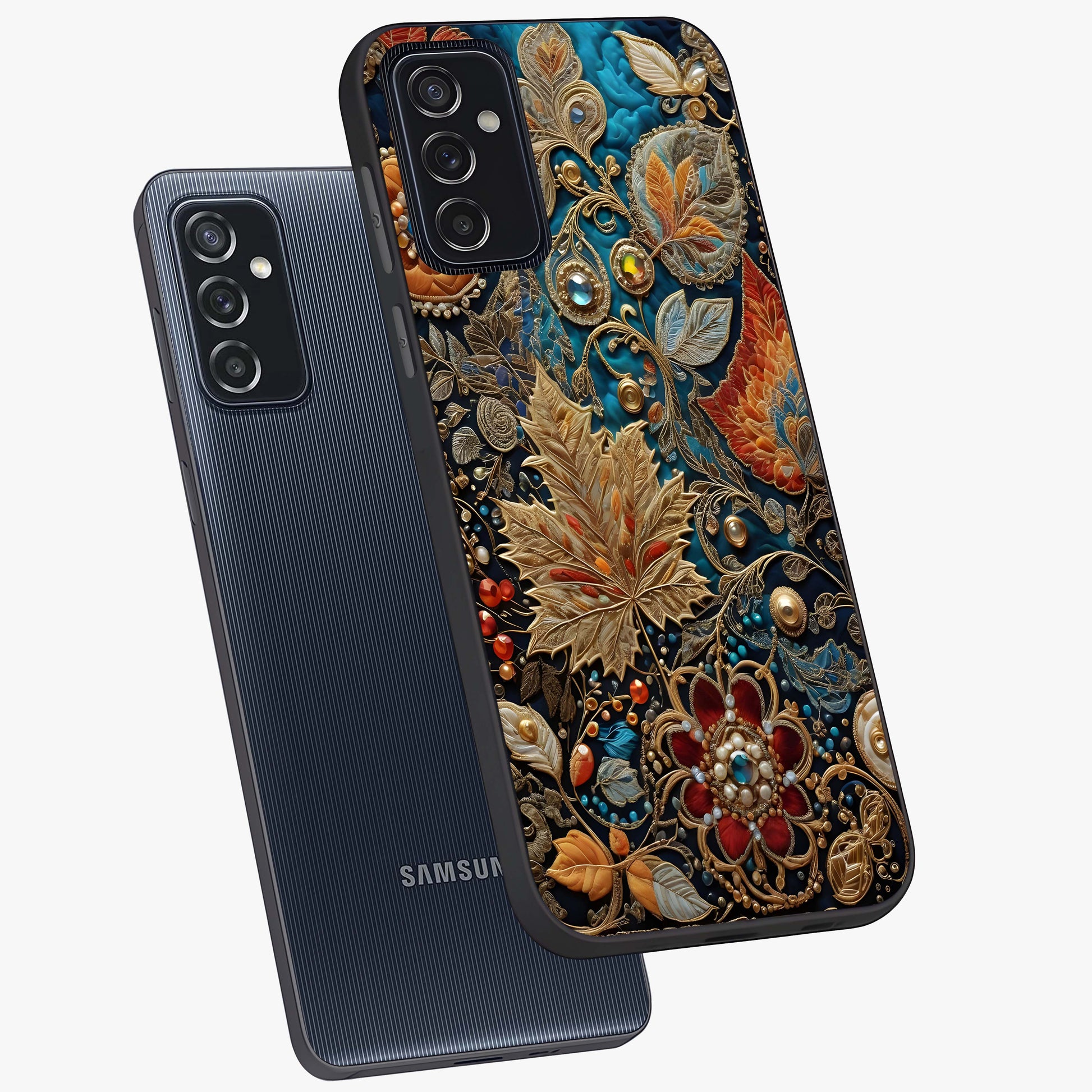 Royal Jewel Garden Glass Case displayed in angled mockup highlighting vibrant jewel inspired floral design with elegant aesthetic.