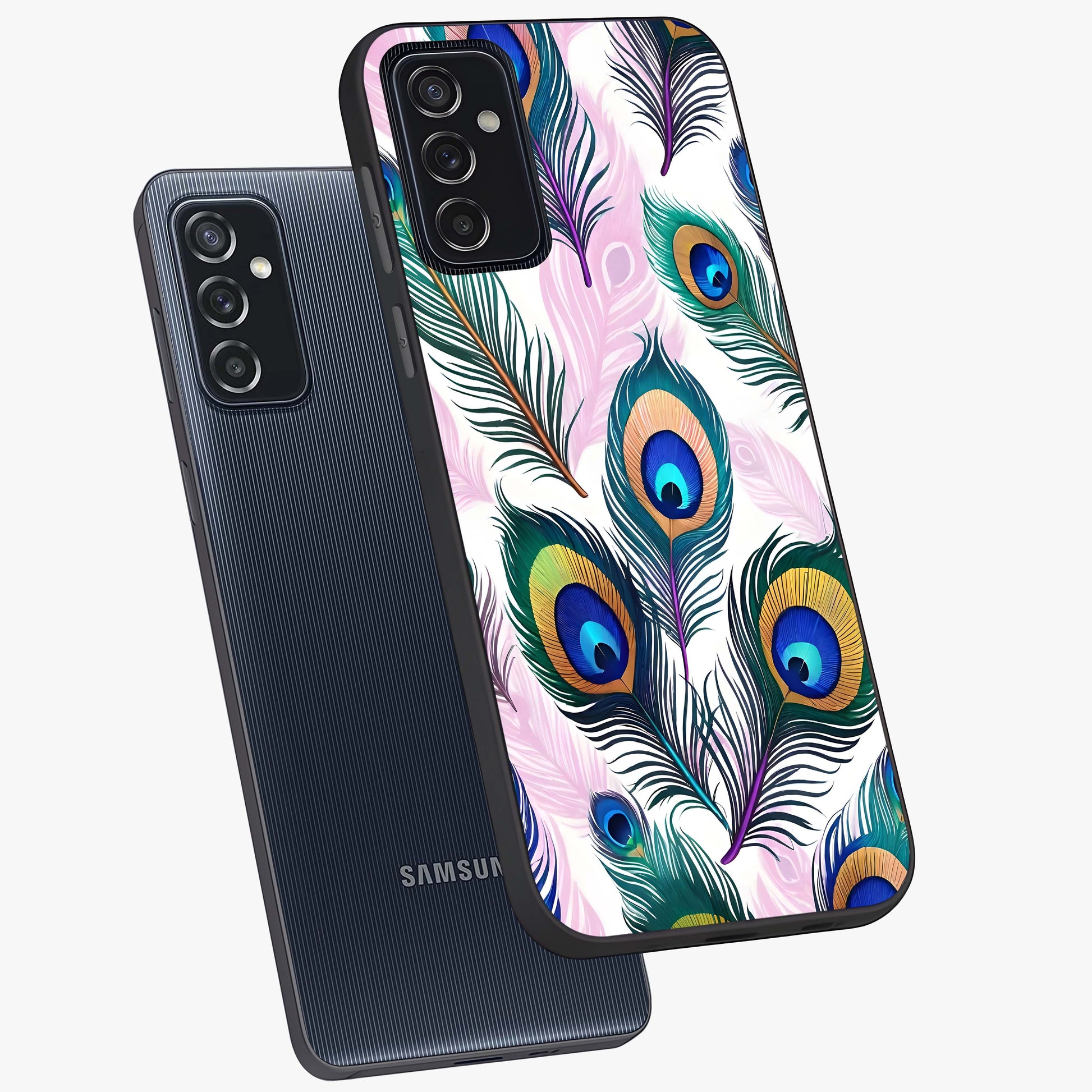 Royal Peacock Feathers Glass Case displayed in angled mockup highlighting vibrant feather pattern with regal aesthetic style.
