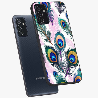 Royal Peacock Feathers Glass Case displayed in angled mockup highlighting vibrant feather pattern with regal aesthetic style.