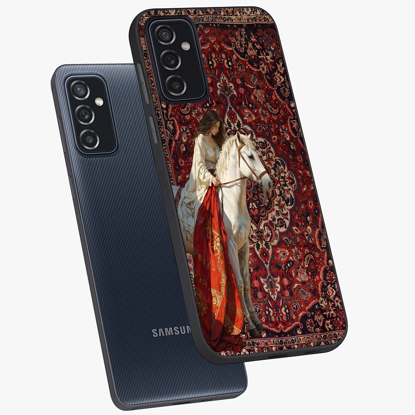 Royal Rider Tapestry Glass Case displayed in angled mockup highlighting traditional tapestry design with royal heritage aesthetic.