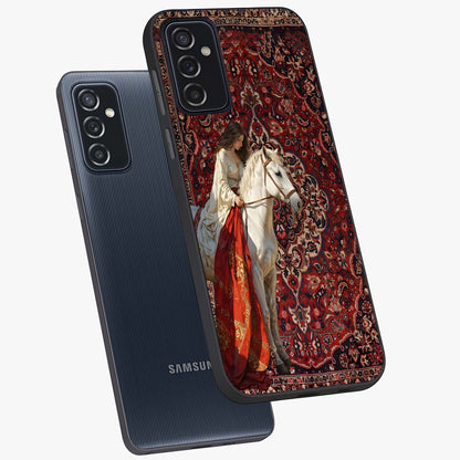Royal Rider Tapestry Glass Case displayed in angled mockup highlighting traditional tapestry design with royal heritage aesthetic.