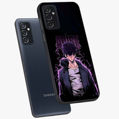 Shadow Monarch Awakening Glass Case displayed in angled mockup highlighting dramatic shadow warrior design with fantasy aesthetic.