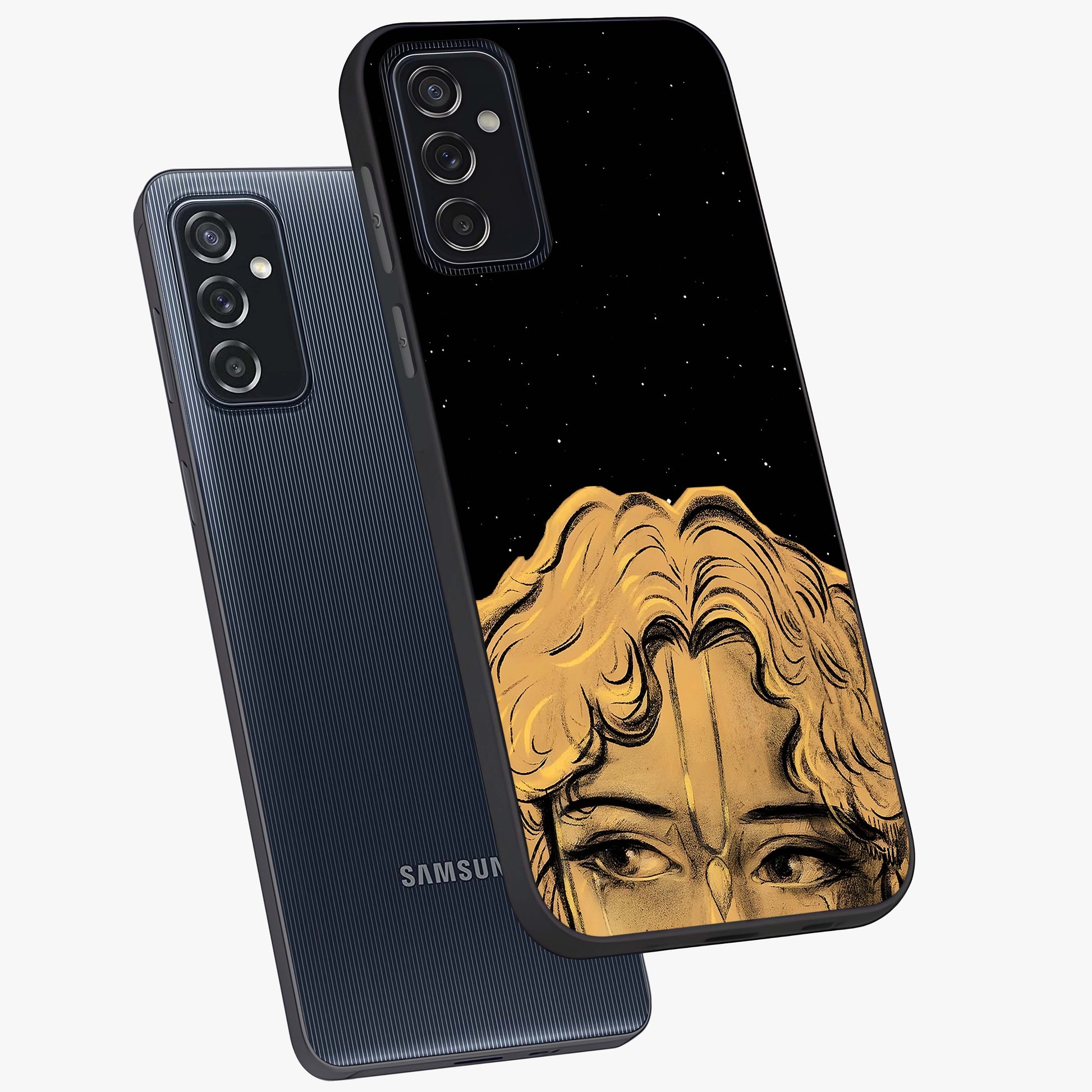 Shri Krishna Art Glass Case displayed in angled mockup highlighting spiritual Krishna illustration with divine aesthetic.