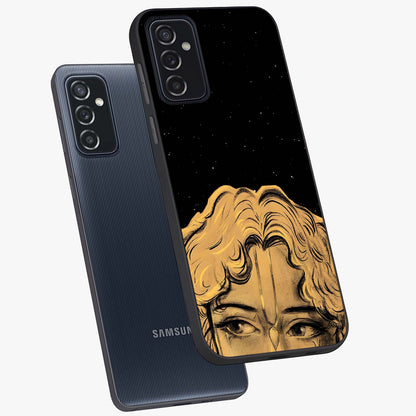 Shri Krishna Art Glass Case displayed in angled mockup highlighting spiritual Krishna illustration with divine aesthetic.