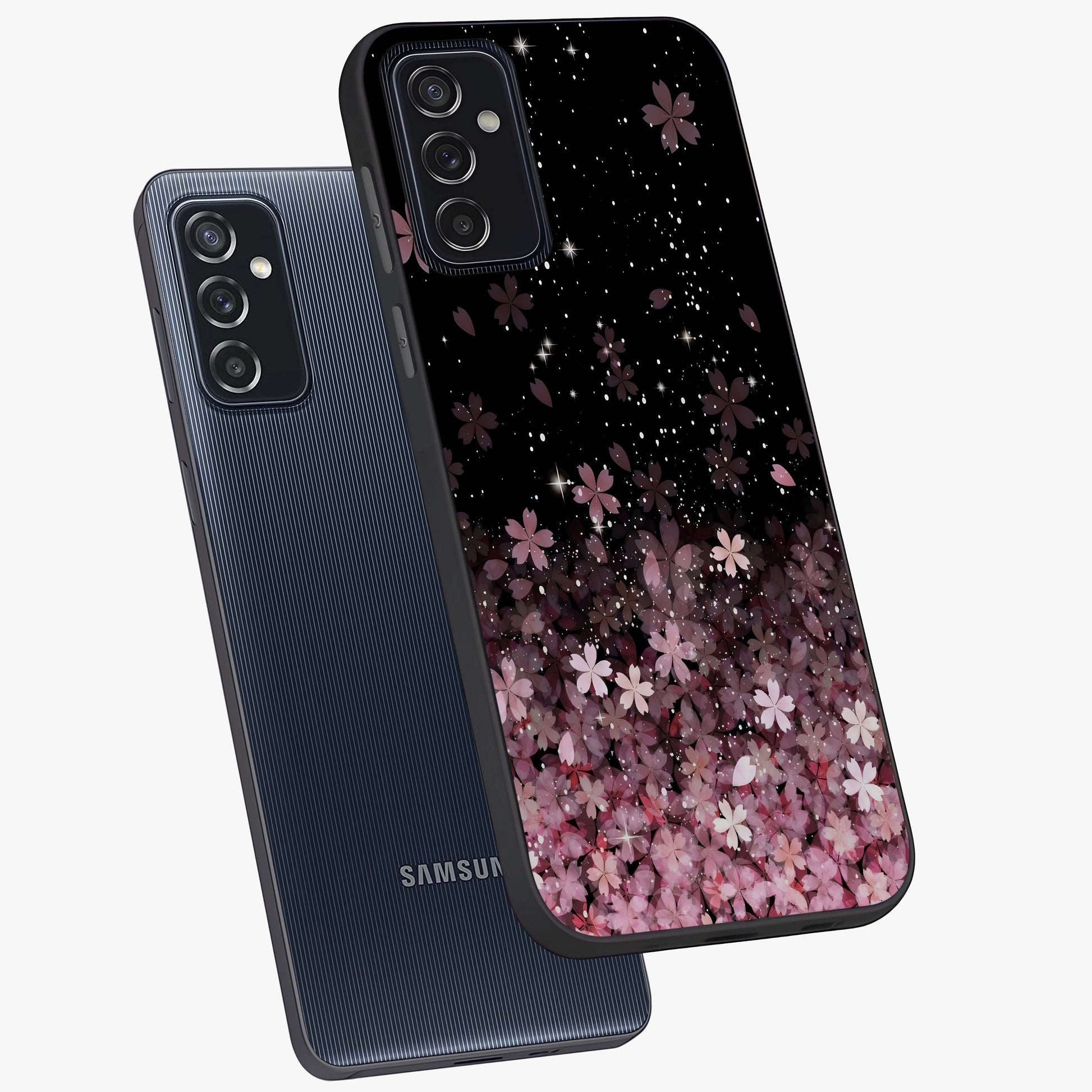 Small Starry Flowers Glass Case displayed in angled mockup highlighting tiny flower pattern with celestial aesthetic style.