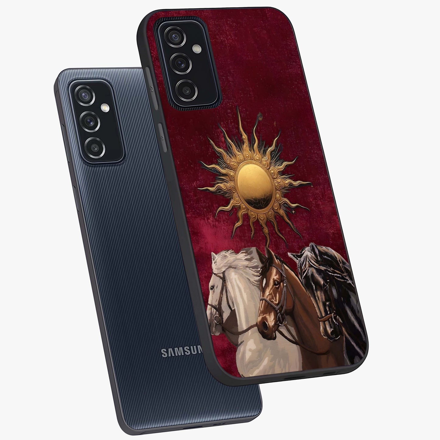 Solar Riders Glass Case displayed in angled mockup highlighting powerful rider illustration with radiant solar aesthetic.