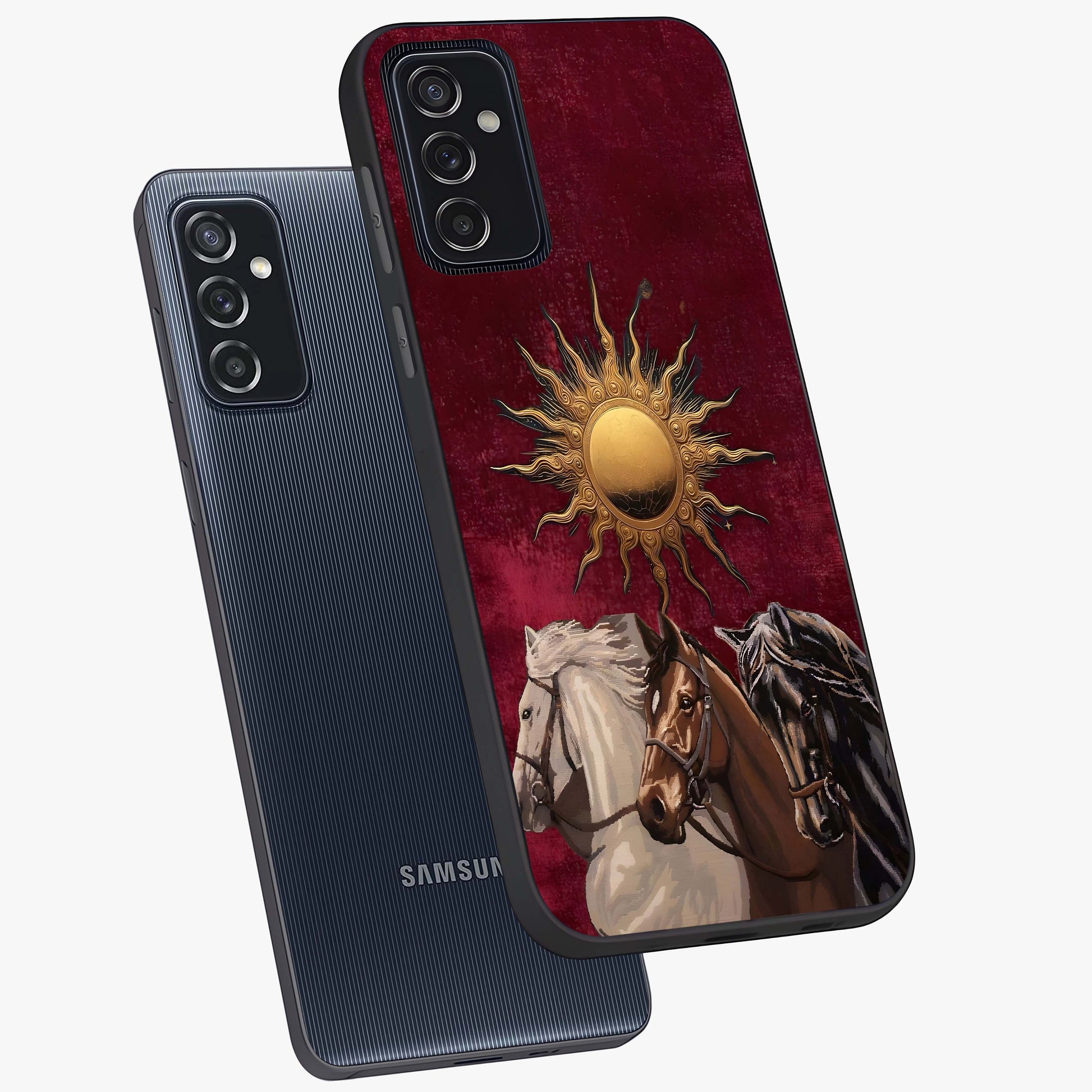 Solar Riders Glass Case displayed in angled mockup highlighting powerful rider illustration with radiant solar aesthetic.