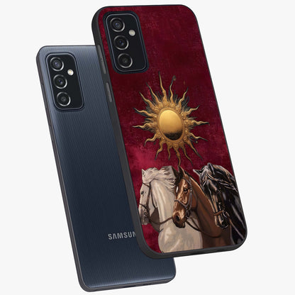Solar Riders Glass Case displayed in angled mockup highlighting powerful rider illustration with radiant solar aesthetic.