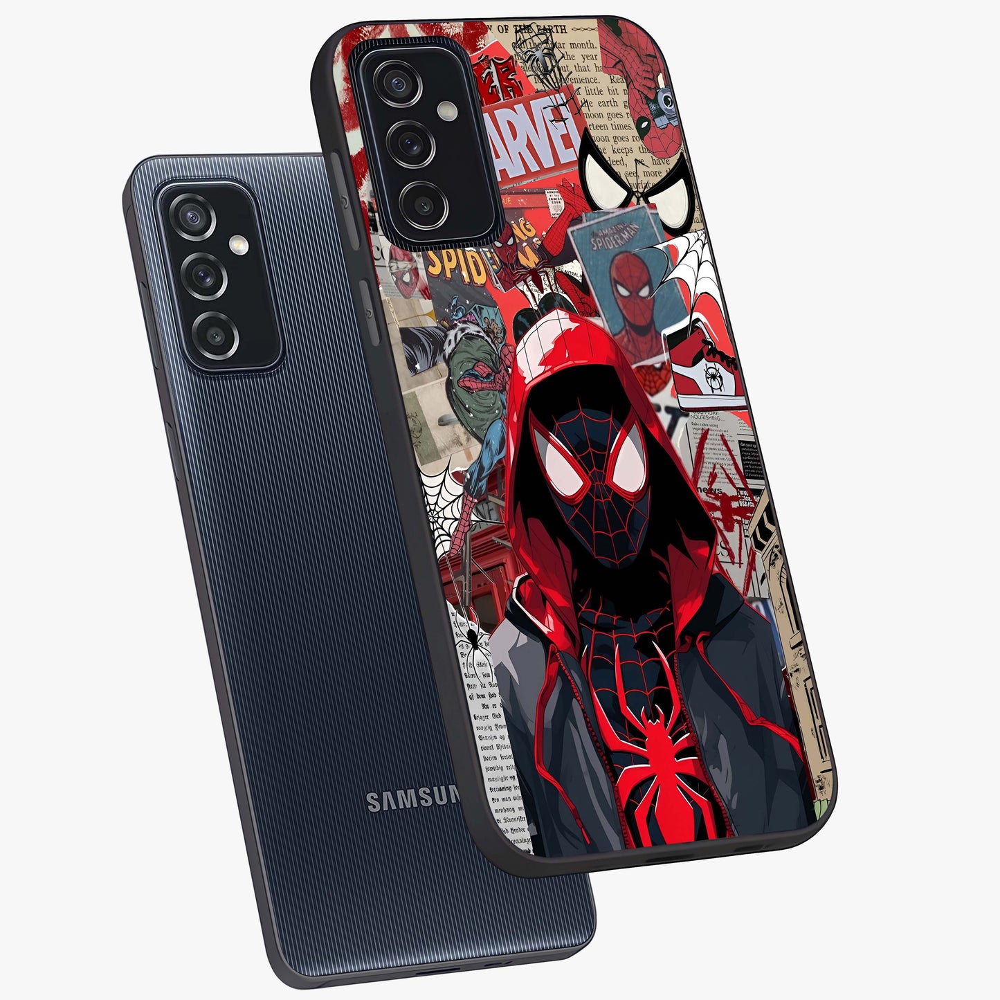 Spider Collage Street Glass Case displayed in angled mockup highlighting dynamic street style collage design with comic aesthetic.