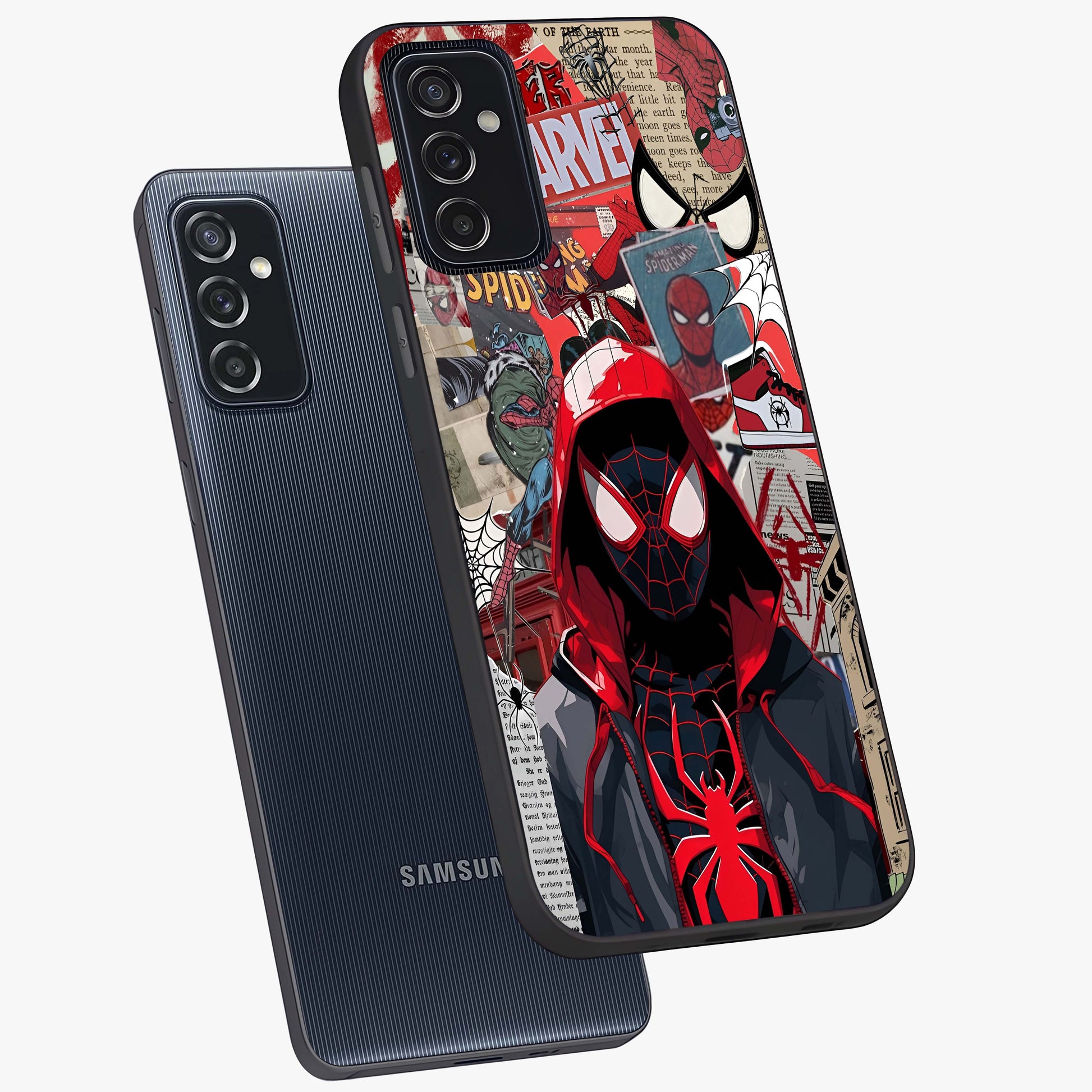 Spider Collage Street Glass Case displayed in angled mockup highlighting dynamic street style collage design with comic aesthetic.