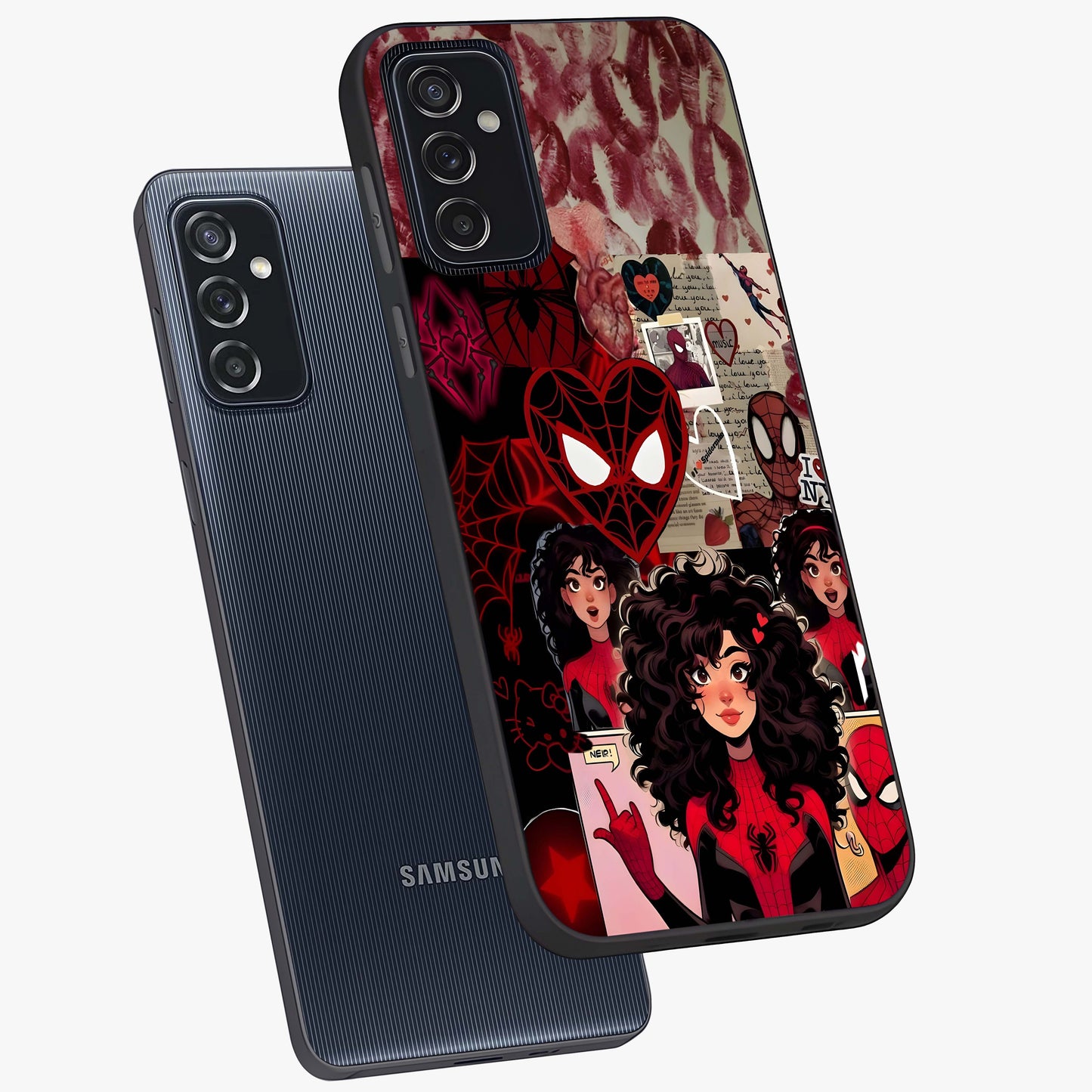 Spider Love Story Glass Case displayed in angled mockup highlighting expressive comic inspired design with playful aesthetic.