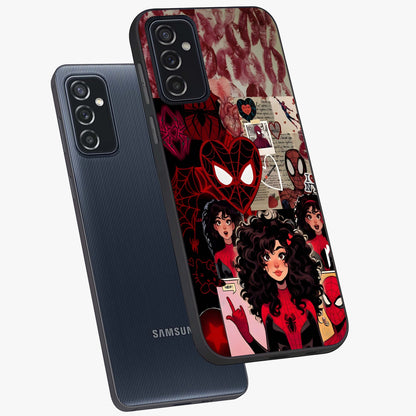 Spider Love Story Glass Case displayed in angled mockup highlighting expressive comic inspired design with playful aesthetic.