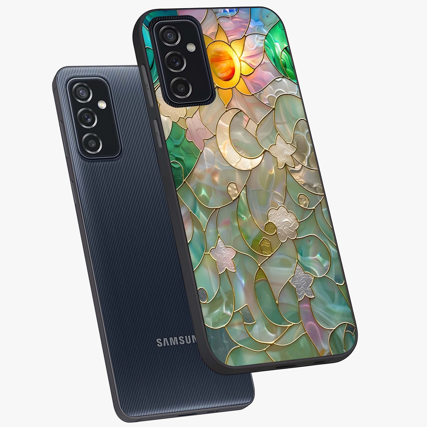 Stained Sunrise Glow Glass Case displayed in angled mockup highlighting radiant sunrise design with artistic aesthetic style.