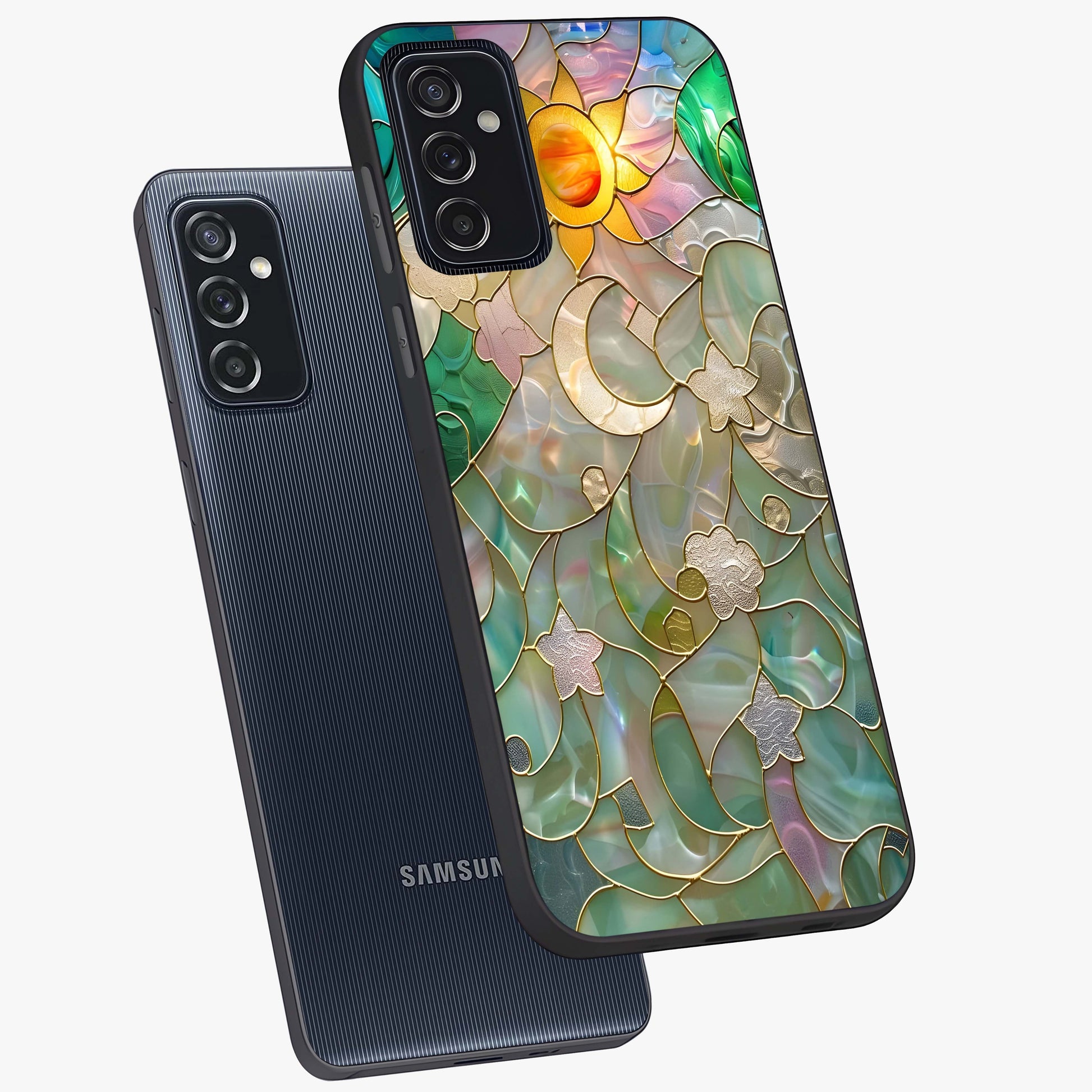 Stained Sunrise Glow Glass Case displayed in angled mockup highlighting radiant sunrise design with artistic aesthetic style.