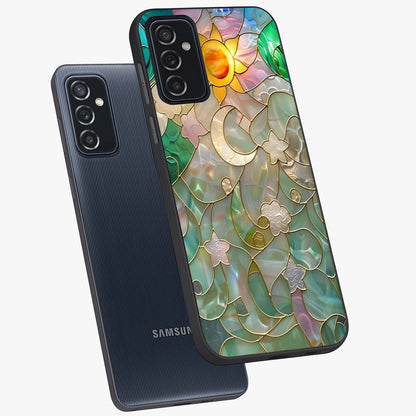 Stained Sunrise Glow Glass Case displayed in angled mockup highlighting radiant sunrise design with artistic aesthetic style.