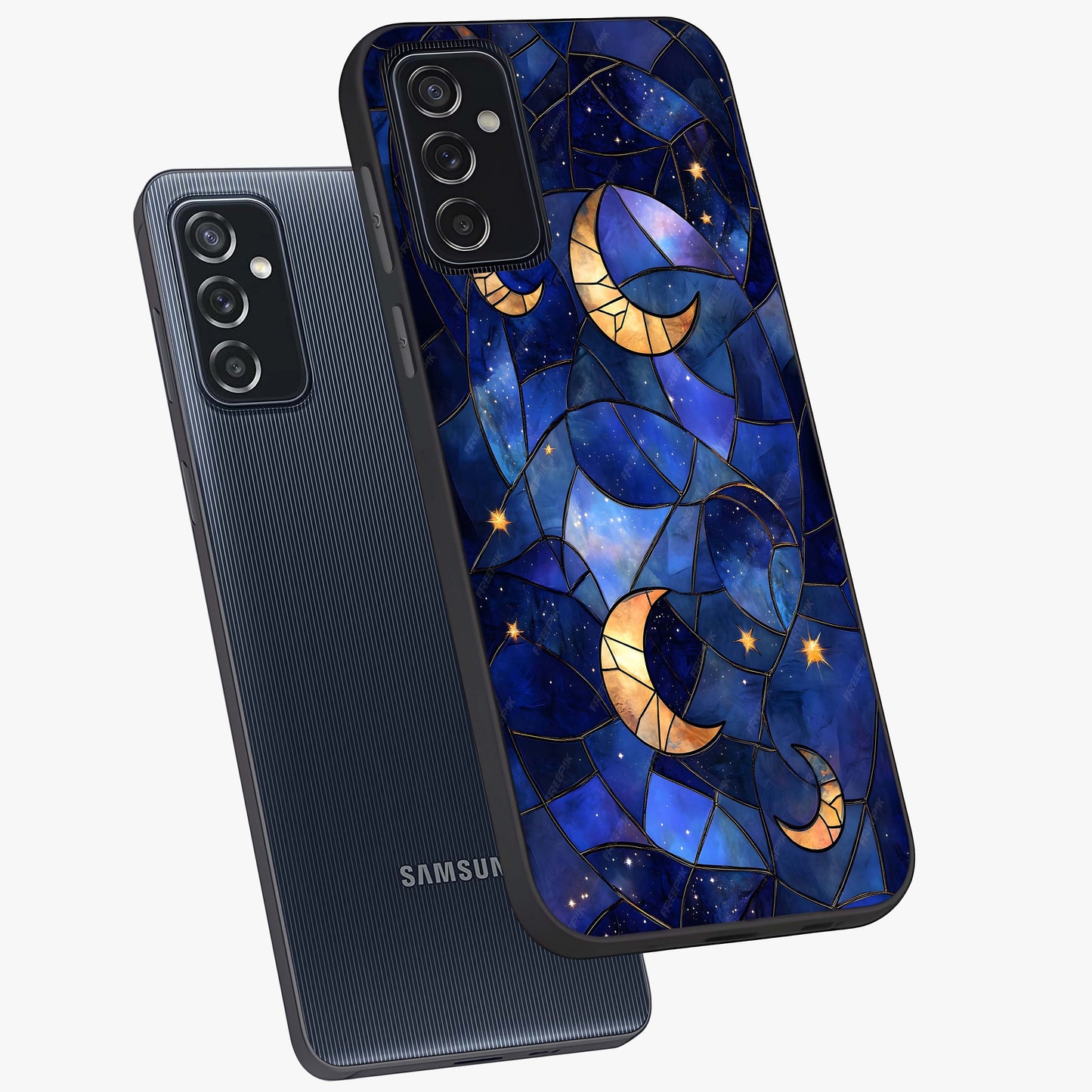 Starlit Sky Tapestry Glass Case displayed in angled mockup highlighting celestial night pattern with artistic aesthetic style.