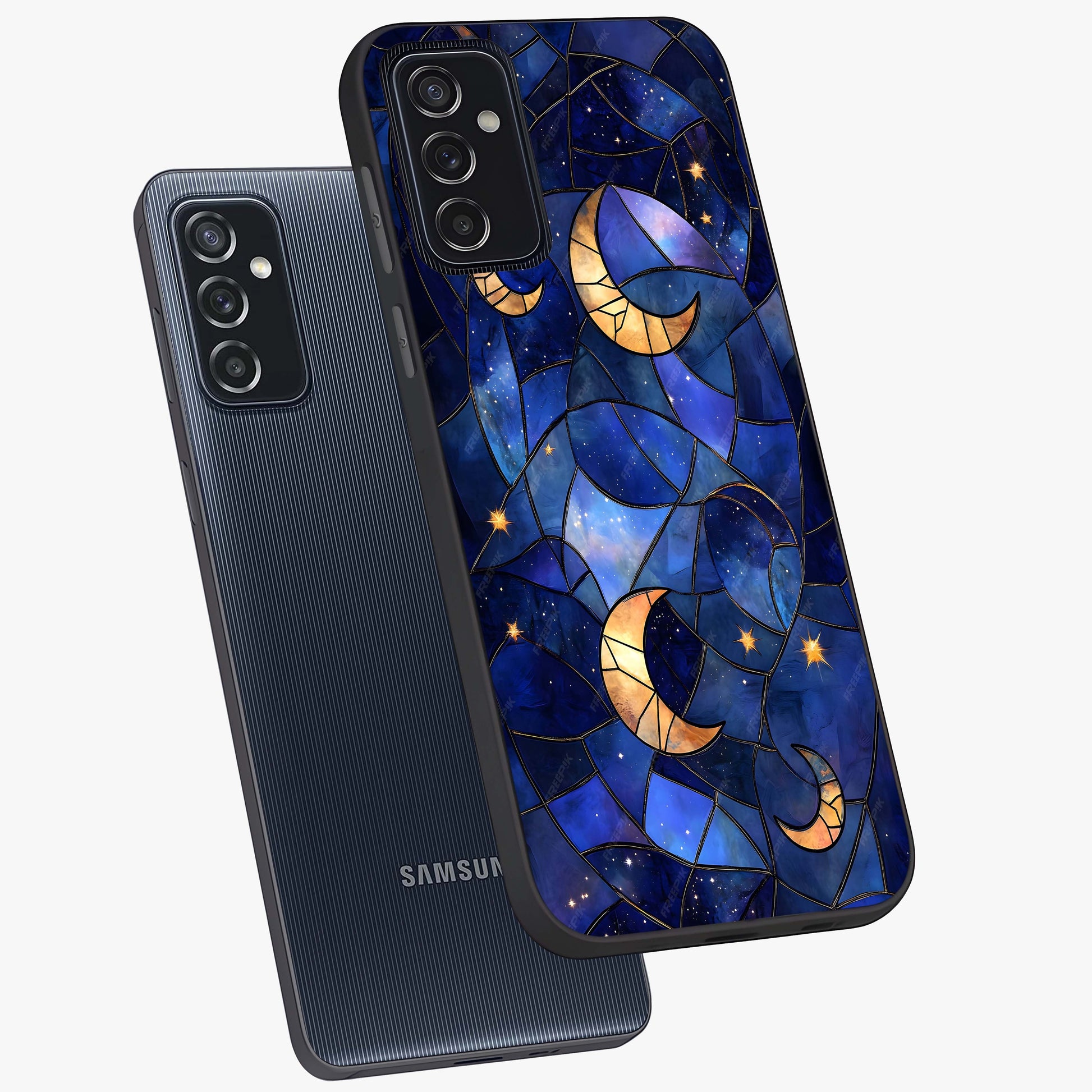 Starlit Sky Tapestry Glass Case displayed in angled mockup highlighting celestial night pattern with artistic aesthetic style.