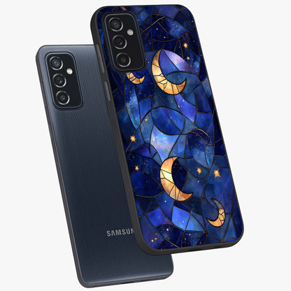 Starlit Sky Tapestry Glass Case displayed in angled mockup highlighting celestial night pattern with artistic aesthetic style.