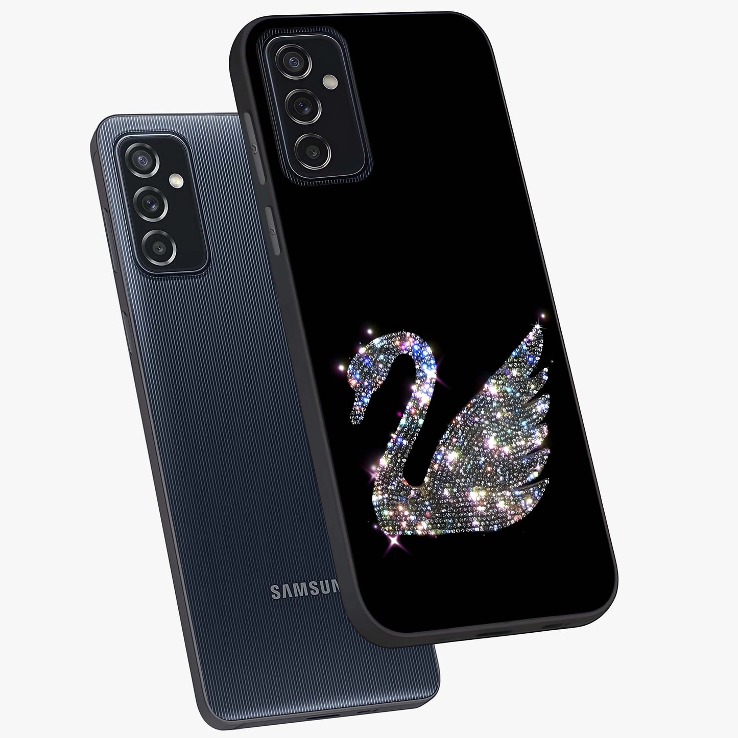 Starlit Swan Grace Glass Case displayed in angled mockup highlighting elegant swan illustration with dreamy celestial aesthetic.