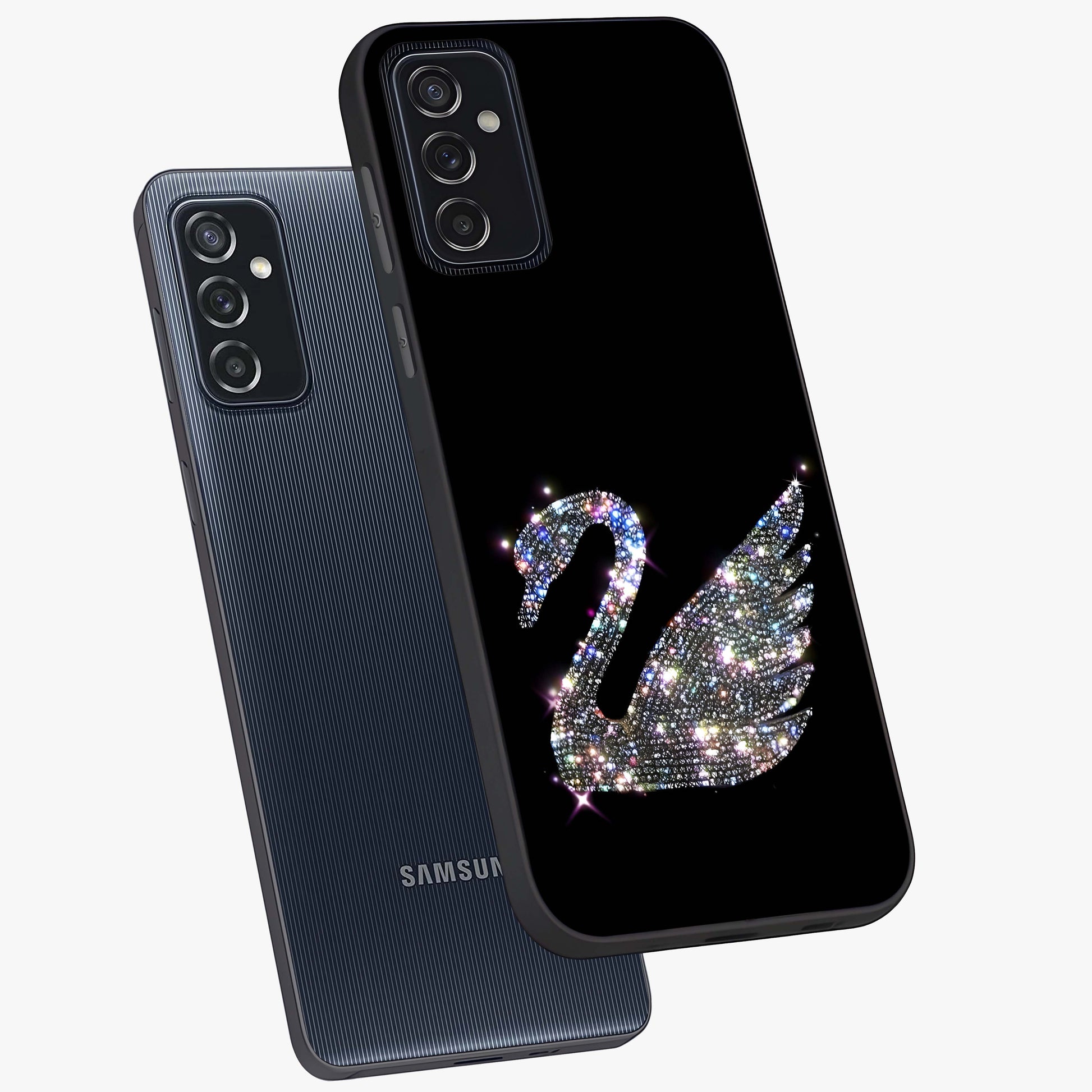 Starlit Swan Grace Glass Case displayed in angled mockup highlighting elegant swan illustration with dreamy celestial aesthetic.