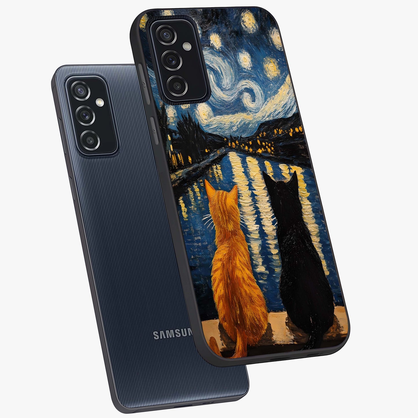 Starry River Cats Glass Case displayed in angled mockup highlighting charming feline illustration with dreamy night aesthetic.