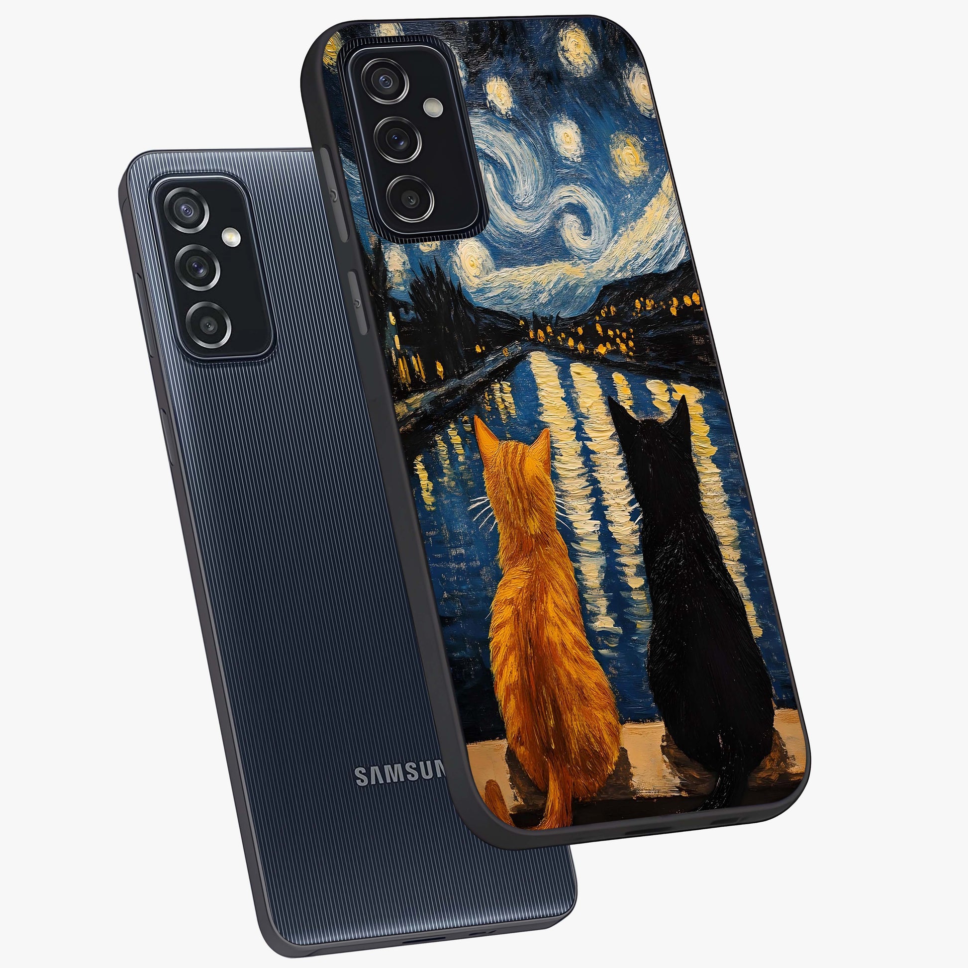 Starry River Cats Glass Case displayed in angled mockup highlighting charming feline illustration with dreamy night aesthetic.