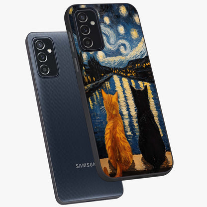 Starry River Cats Glass Case displayed in angled mockup highlighting charming feline illustration with dreamy night aesthetic.