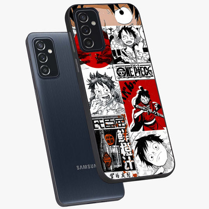 Strawhat Chaos Panels Glass Case displayed in angled mockup highlighting vibrant anime collage design with action aesthetic.