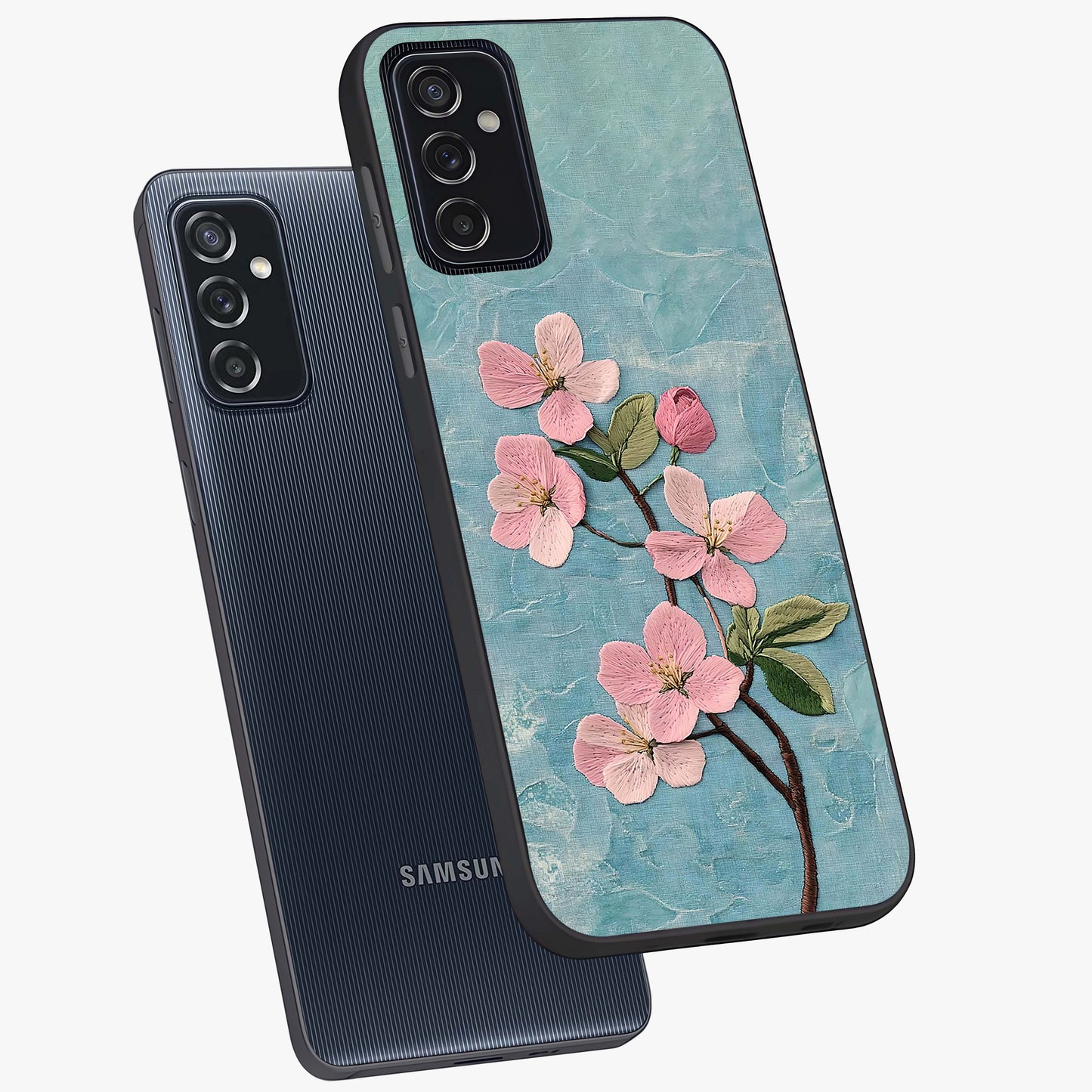 Threaded Blossom Breeze Glass Case displayed in angled mockup highlighting elegant floral design with soft aesthetic style.