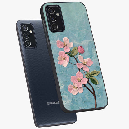 Threaded Blossom Breeze Glass Case displayed in angled mockup highlighting elegant floral design with soft aesthetic style.