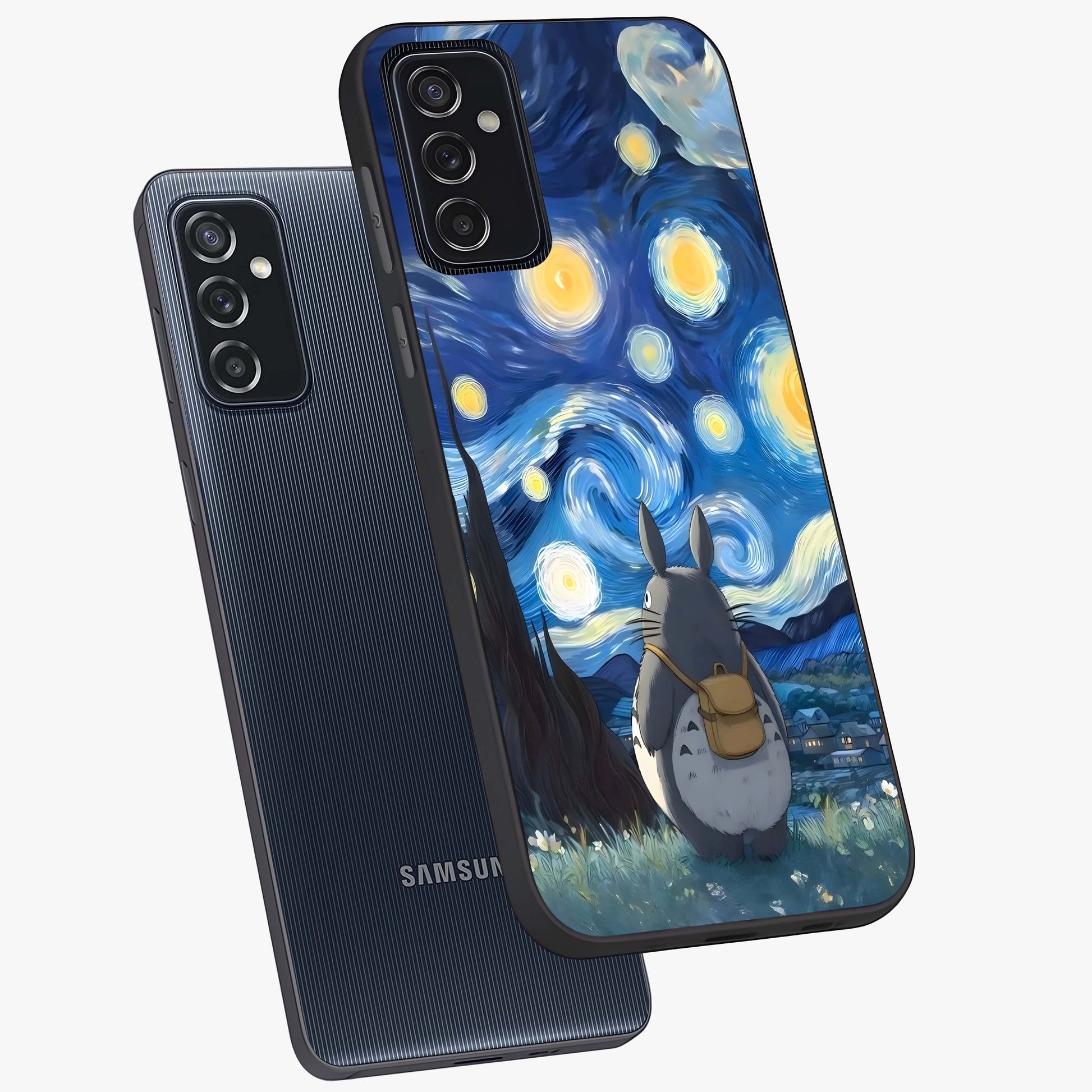 Totoro In Van Gogh Art Glass Case displayed in angled mockup highlighting artistic swirling sky design with playful animation aesthetic.