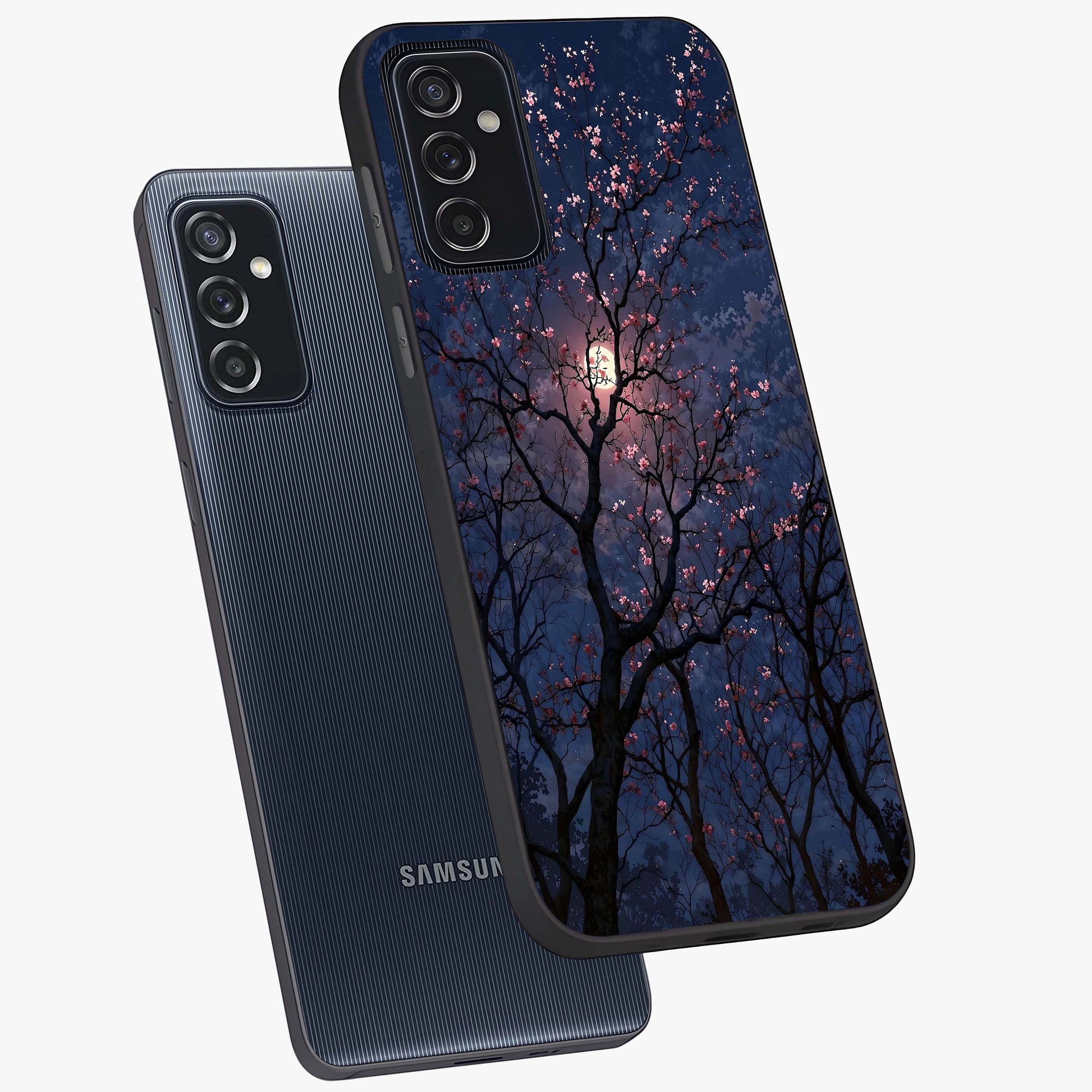 Twilight Sakura Serenade Glass Case displayed in angled mockup highlighting delicate sakura flower design with dreamy aesthetic.