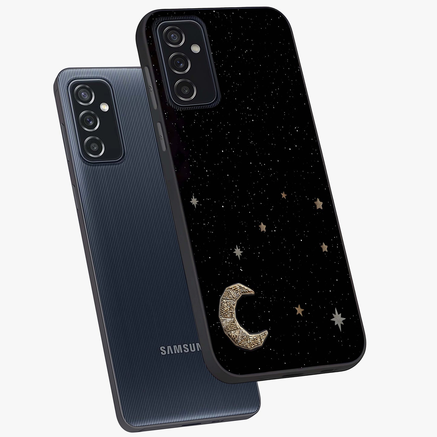 Twinkle Star With Half Moon Glass Case displayed in angled mockup highlighting celestial moon and star design with magical aesthetic.